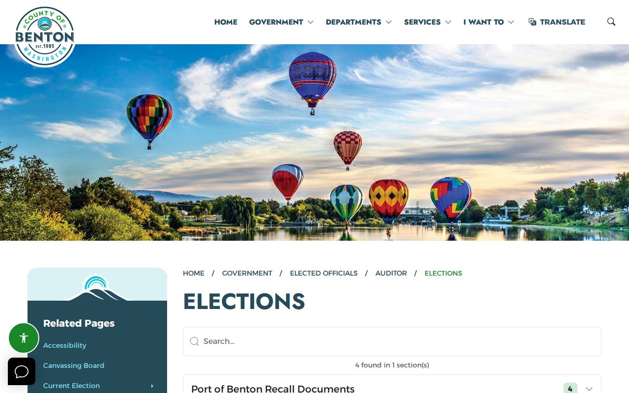 Benton County Elections page with voter registration and contact routes