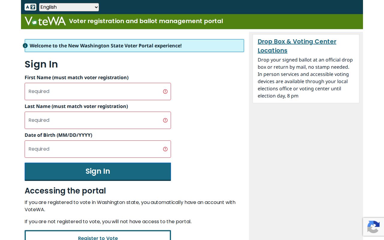 Benton County voter registration authentication page in VoteWA
